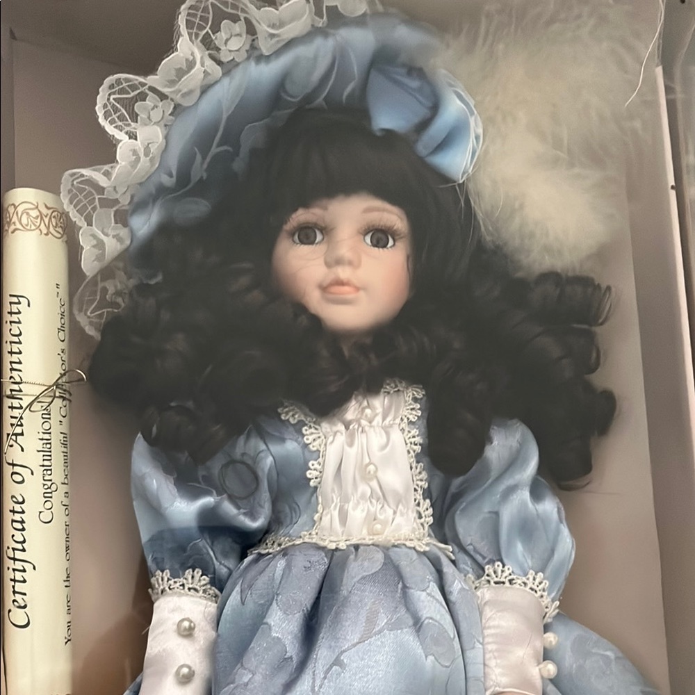 Elegant Blue Porcelain Doll with Hat
